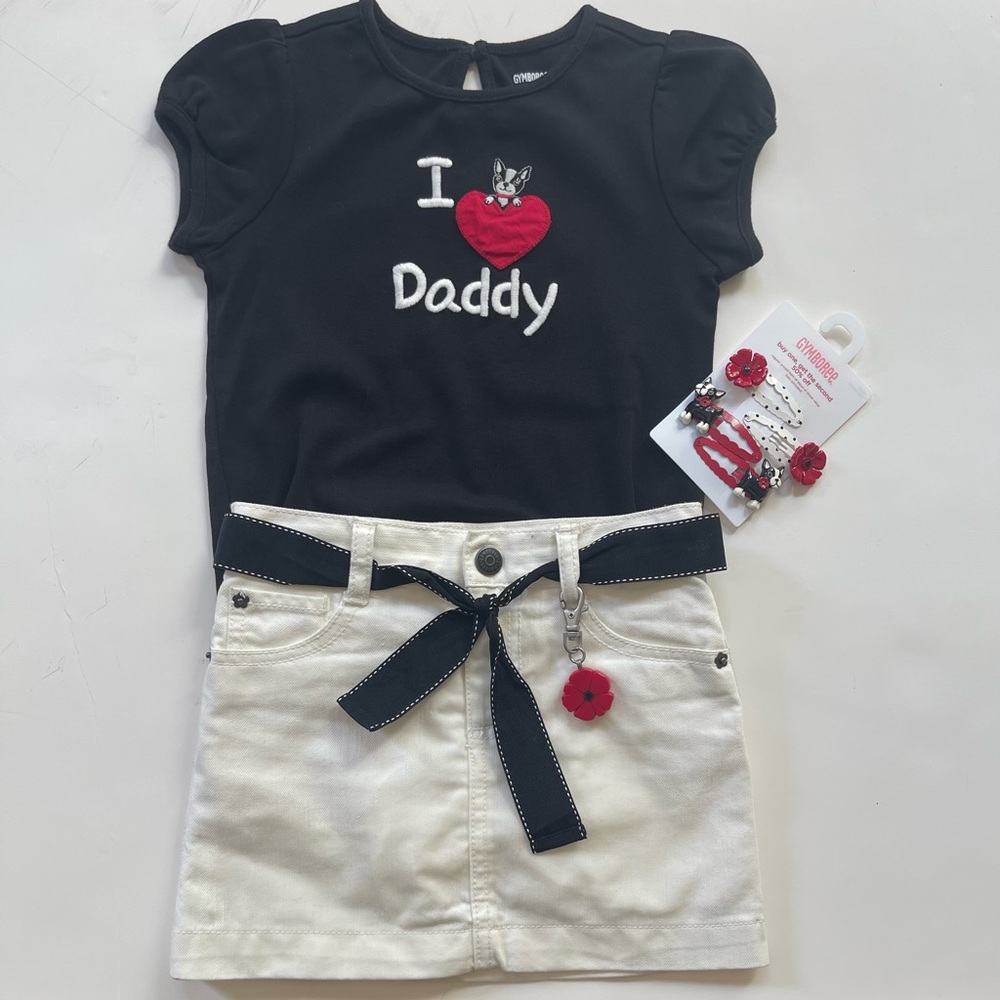 Gymboree Black T-shirt (5T) & White Jean skirt (4T) with built in shorts.